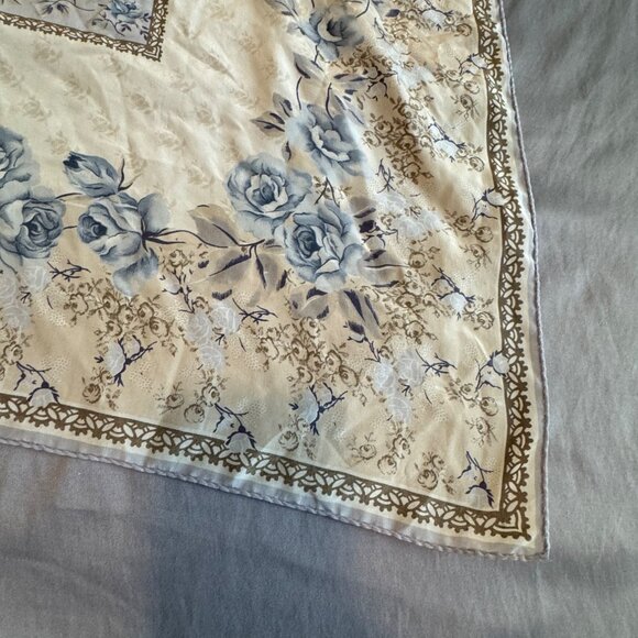 Vintage Laura Ashley Floral Print Square Scarf With Blue Roses 34x34 Inches - Picture 3 of 6